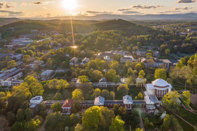 Aerial view of grounds at sunset