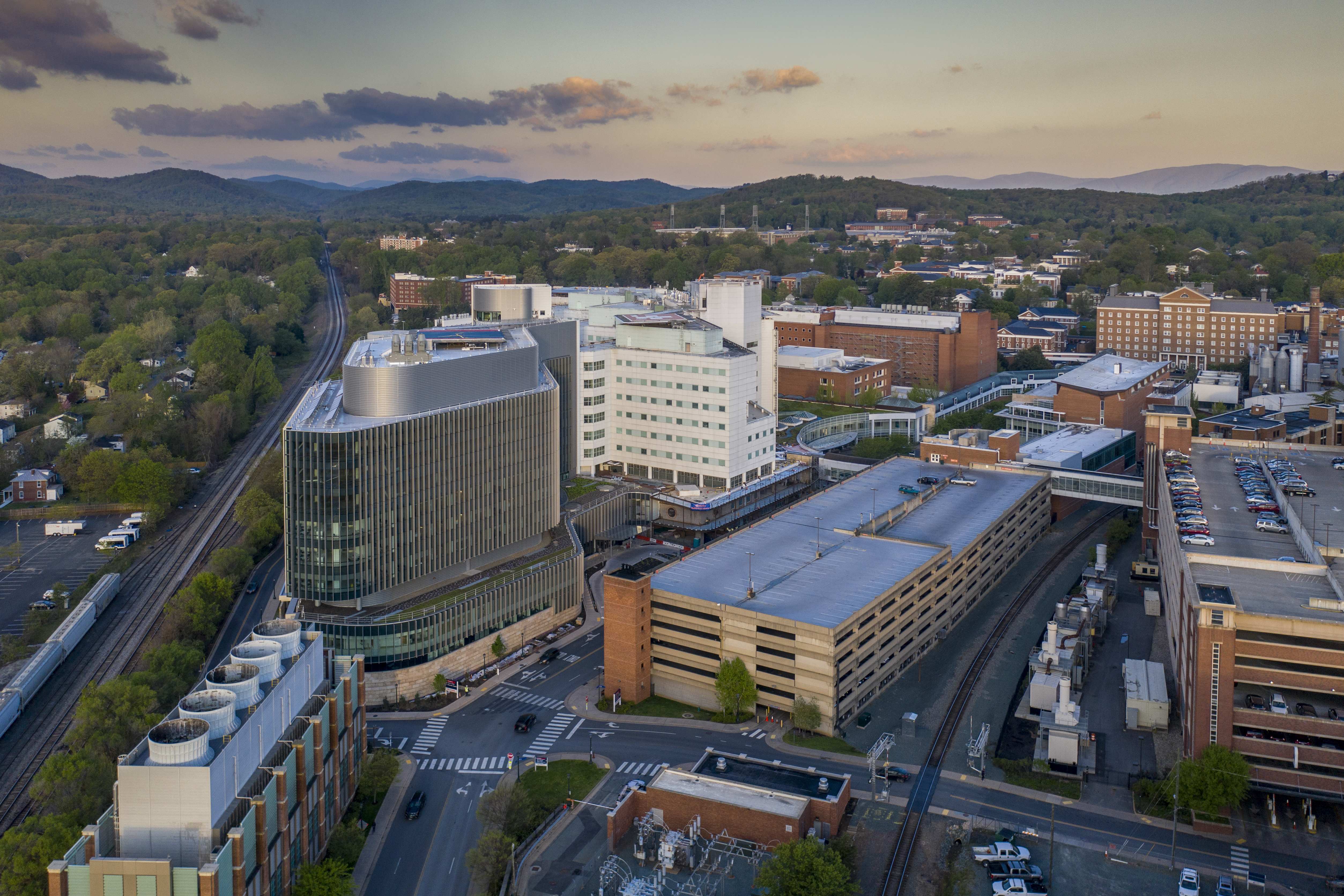 Drone shot of UVA hospital and surrounding area