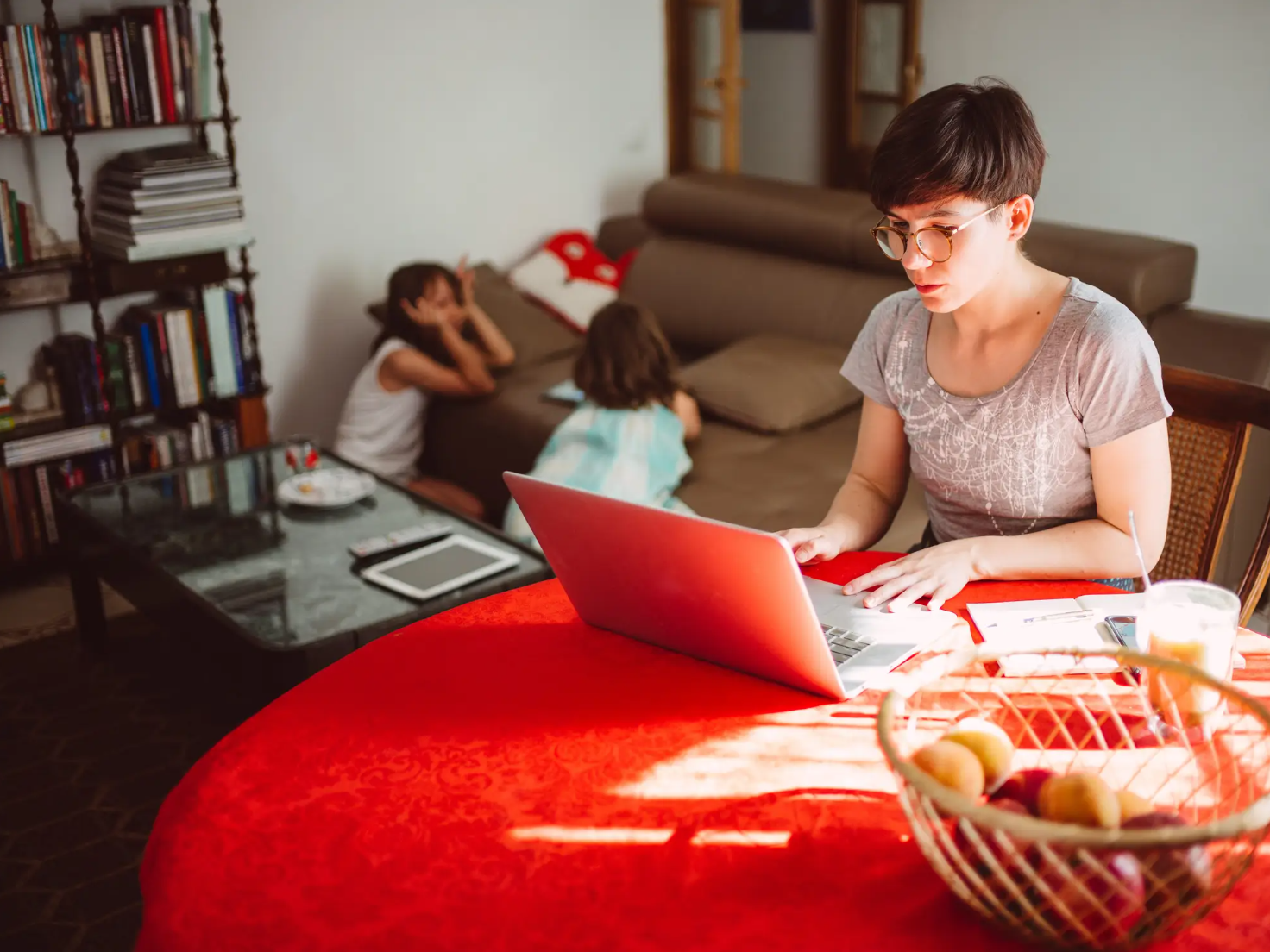 Mom working at a laptop